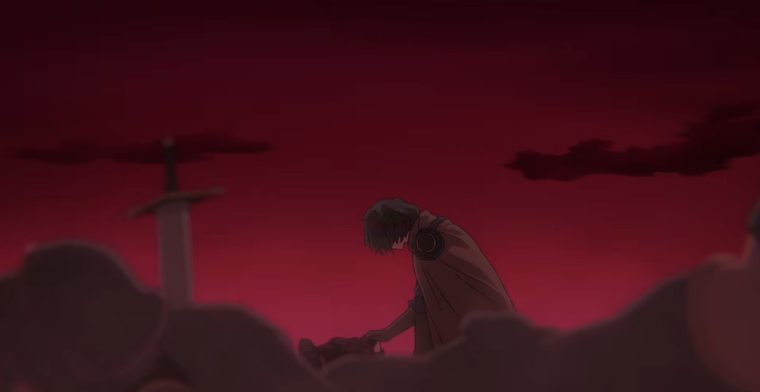 Desir Herman chino sul corpo di Romantica in un cimitero di spade sotto un cielo rosso nel trailer di A Returner's Magic Should Be Special Stagione 2