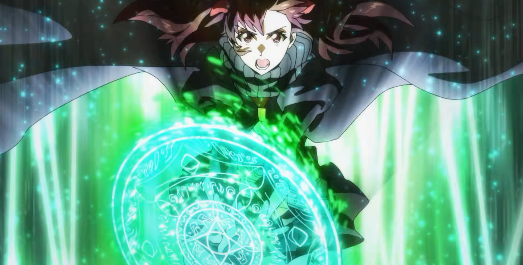 Romantica Eru lancia un incantesimo di vento con cerchio magico verde brillante nel trailer di A Returner's Magic Should Be Special Stagione 2