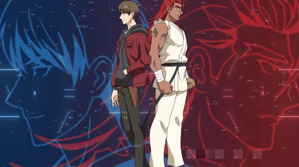 Due personaggi di anime in piedi schiena contro schiena, uno in giacca rossa e l'altro in abbigliamento da combattimento bianco, su uno sfondo blu e rosso con elementi grafici.
