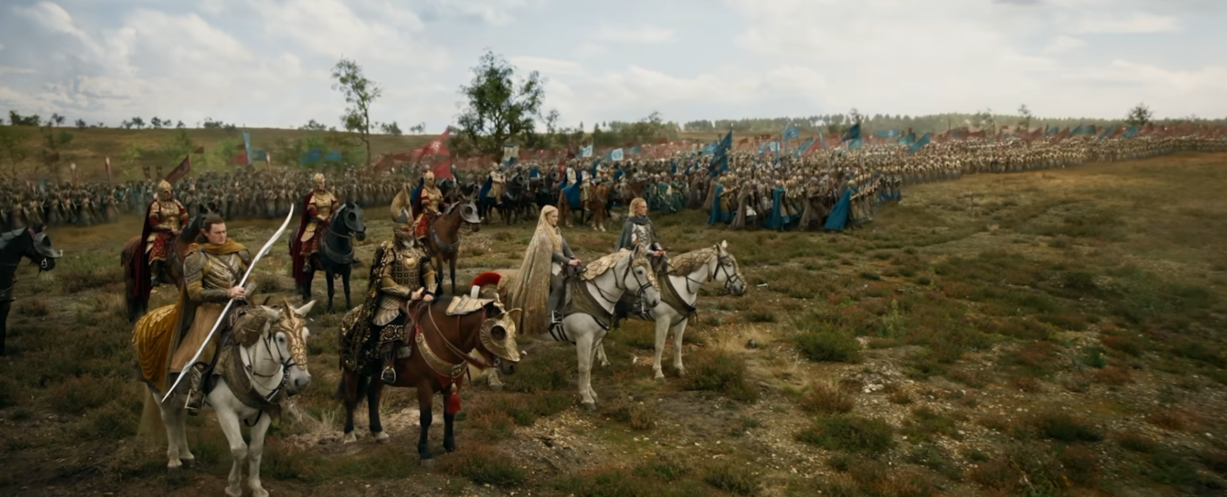 • L'esercito elfico del Lindon schierato in campo aperto con Galadriel, Celeborn ed Elrond a cavallo nel trailer de Gli Anelli del Potere 3.